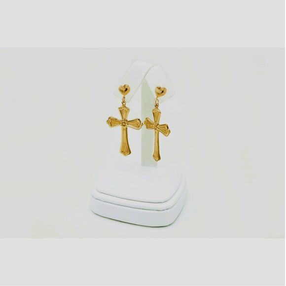 Religious Light Rays Cross 1.4" Dangle stud earrings True 1/20 -14K Gold Filled - Picture 8 of 10
